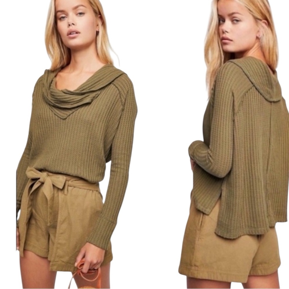 Free People We the Free Military Olive Green Cowl Funnel Neck Waffle Top